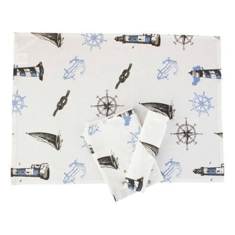 Geschirrtücher Leuchtturm Maritim Set 3 teilig – Küchentücher aus Baumwolle mit Segelboot und Kompass Motiv