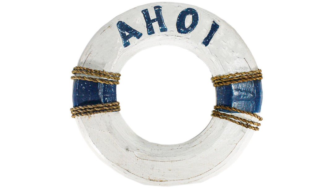 Wand Deko Rettungsring Ahoi – maritimer Rettungsring aus Albesiaholz im Küsten Stil