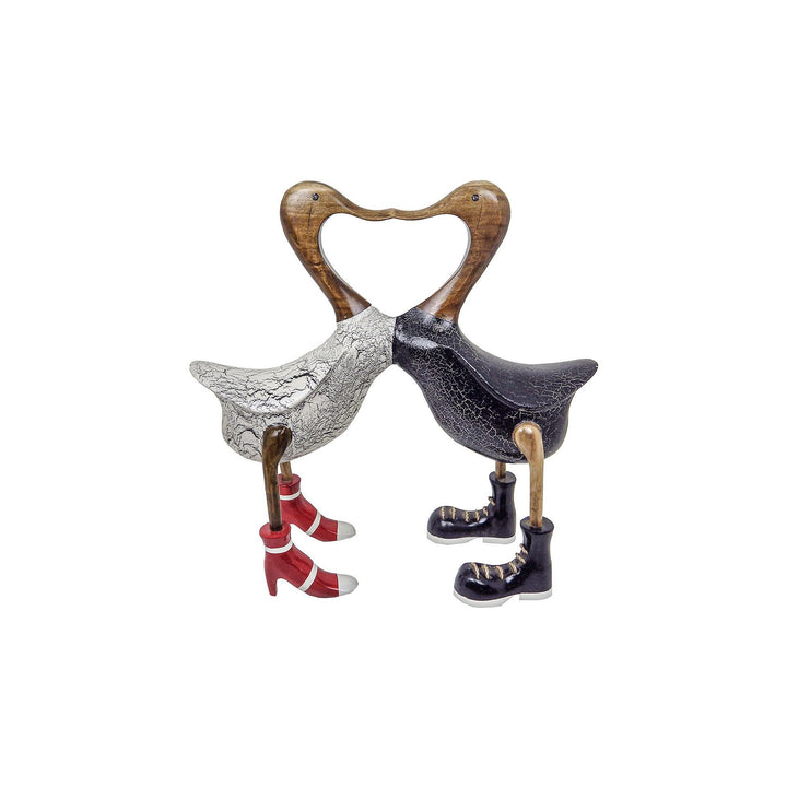 Doppelente Love – 29 cm – dekorative Holzfigur aus Bambus mit Herzmotiv
