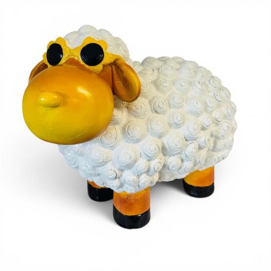 Deko Schaf mit Blumenbrille aus Kunstharz – originelle Tierfigur für Haus und Garten