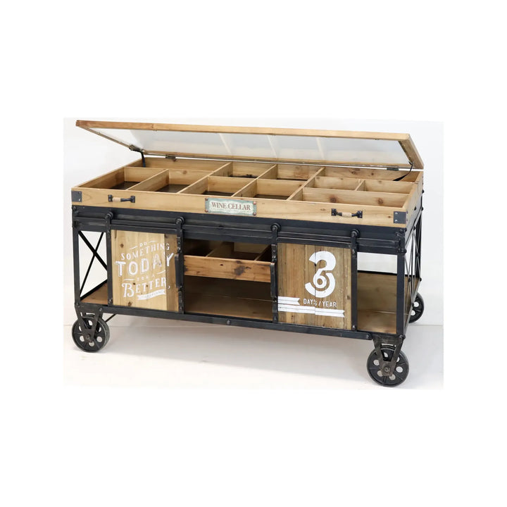 Rolltisch No. 3 aus Metall, recyceltem Holz, Tannenholz und Glas
