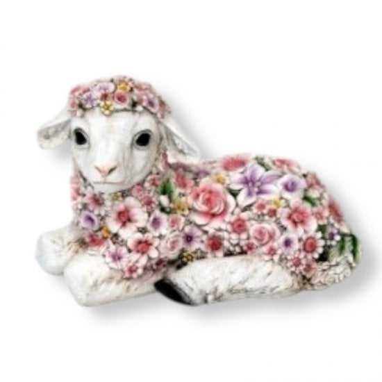 Blumenschaf liegend klein aus Kunstharz, 16 cm hoch, romantische Frühlingsdeko
