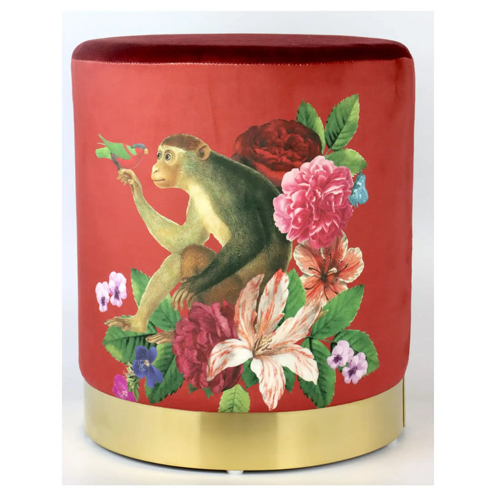 Sitzpouf Funky Monkey Ø 32 x 37 cm Samtpouf mit Affenmotiv