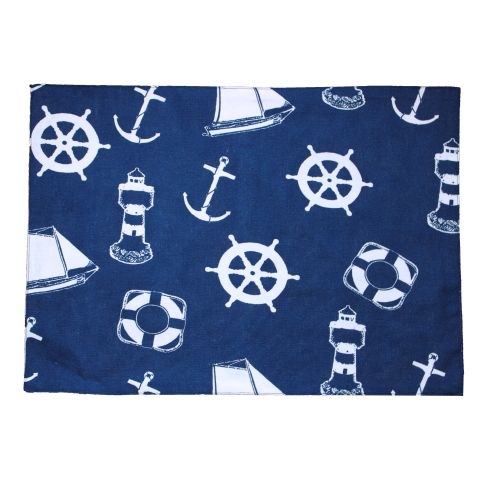 Platzset Maritim Marineblau – dekoratives Tischset aus Baumwolle mit Anker und Segelboot Motiv