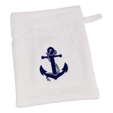 Waschhandschuh Weiß mit Anker Stickerei aus Baumwolle 600 GSM, 16 × 21 cm