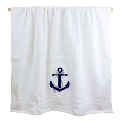 Dusch und Badetuch Weiß mit Anker Stickerei aus Baumwolle 600 GSM, 90 × 150 cm