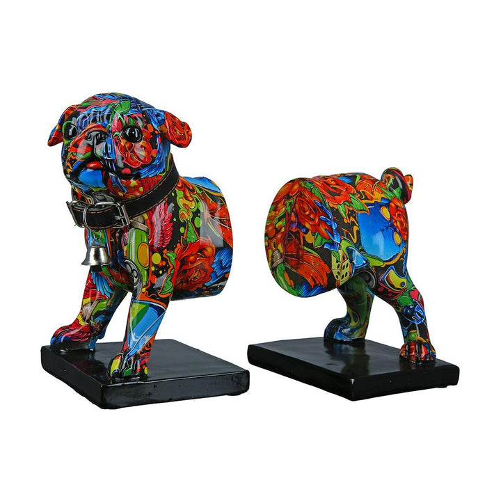 2tlg. Set, Buchstützen, Hund, "Street Art", Bulldogge, Graffiti, Kunstharz, mehrfarbig