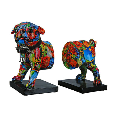 2tlg. Set, Buchstützen, Hund, "Street Art", Bulldogge, Graffiti, Kunstharz, mehrfarbig