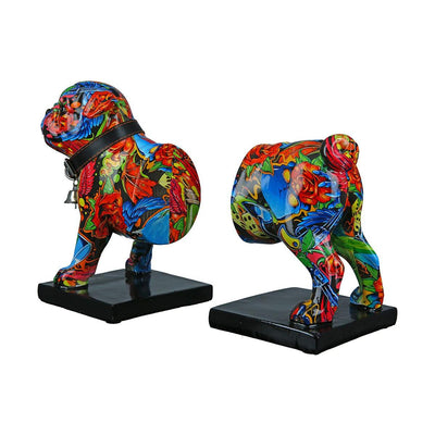 2tlg. Set, Buchstützen, Hund, "Street Art", Bulldogge, Graffiti, Kunstharz, mehrfarbig