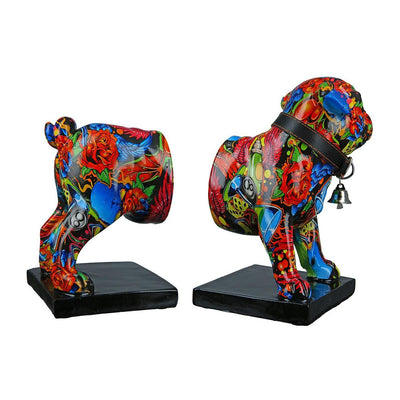 2tlg. Set, Buchstützen, Hund, "Street Art", Bulldogge, Graffiti, Kunstharz, mehrfarbig