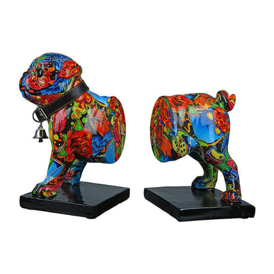 2tlg. Set, Buchstützen, Hund, "Street Art", Bulldogge, Graffiti, Kunstharz, mehrfarbig