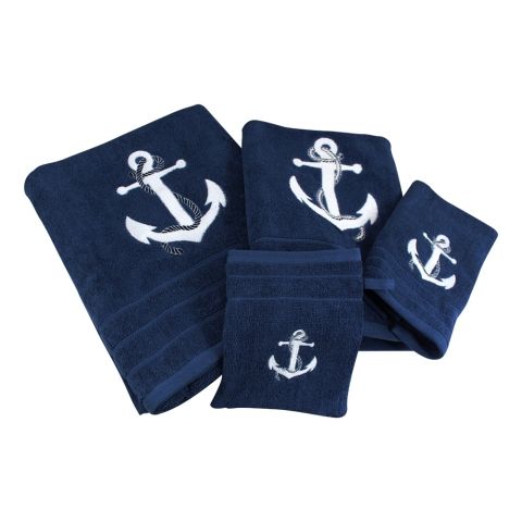 Waschhandschuh Marineblau mit Anker Stickerei aus Baumwolle 600 GSM, 16 × 21 cm