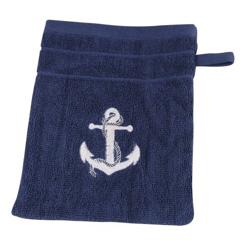 Waschhandschuh Marineblau mit Anker Stickerei aus Baumwolle 600 GSM, 16 × 21 cm