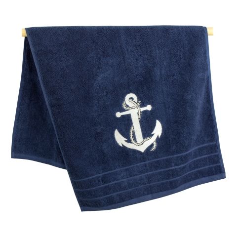 Handtuch Marineblau mit Anker Stickerei aus Baumwolle 600 GSM, 50 × 100 cm