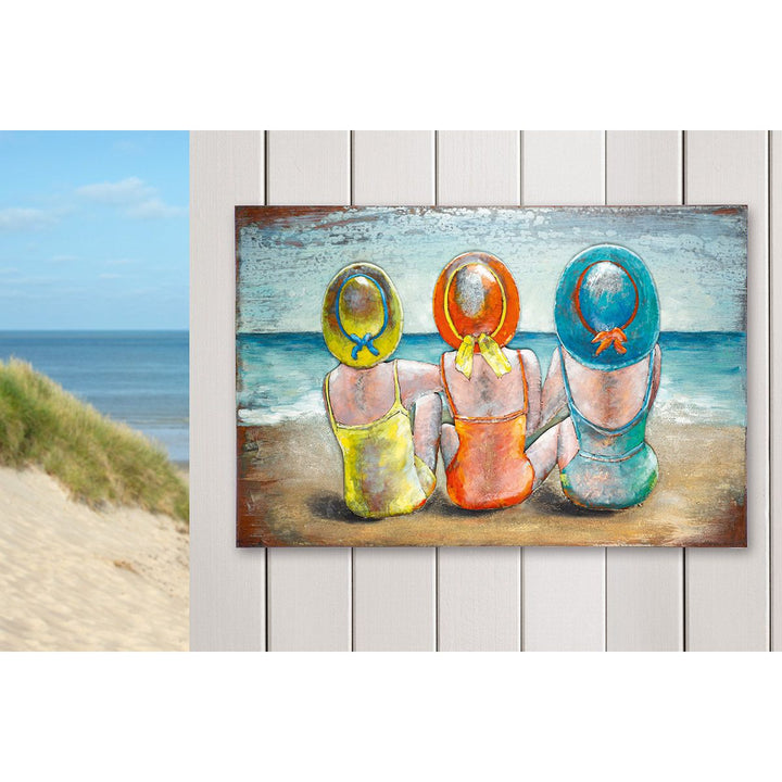 Bild rechteckig „Beach Ladies“ – farbenfrohes Metall Wandbild in handgearbeiteter 3D Optik
