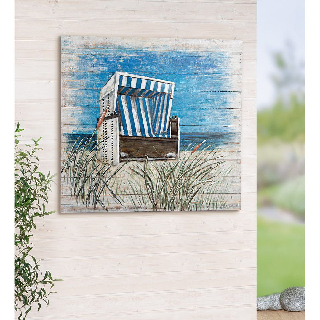Bild quadratisch „Strandkorb“ – maritimes Wandbild aus Holz und Metall