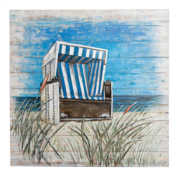 Bild quadratisch „Strandkorb“ – maritimes Wandbild aus Holz und Metall