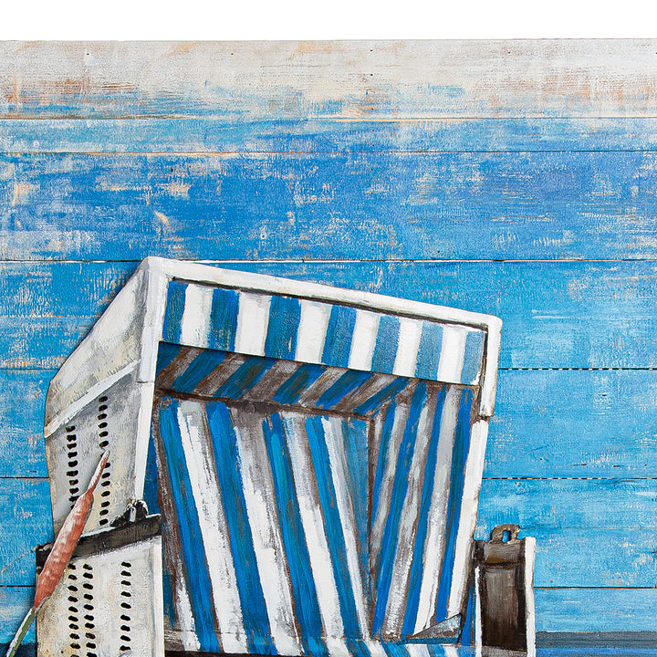 Bild quadratisch „Strandkorb“ – maritimes Wandbild aus Holz und Metall