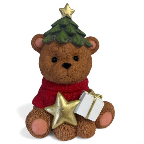 Weihnachtsbär mit Stern und Geschenk, dekorative Weihnachtsfigur aus Kunstharz, 20 cm