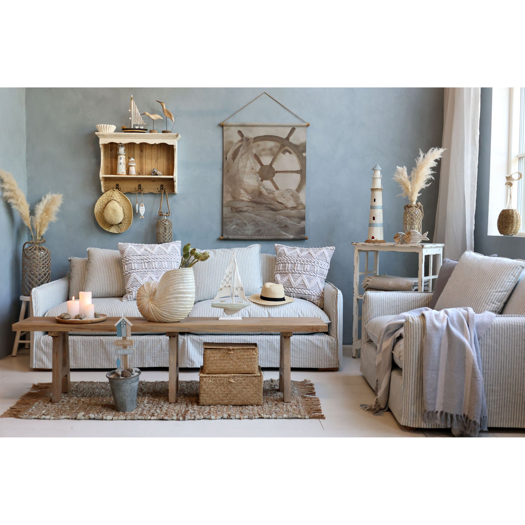 Sessel Malo aus Leinen mit 3 Kissen in Sky Blue und Creme