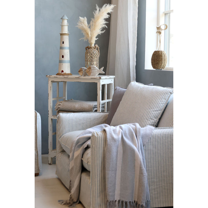 Sessel Malo aus Leinen mit 3 Kissen in Sky Blue und Creme