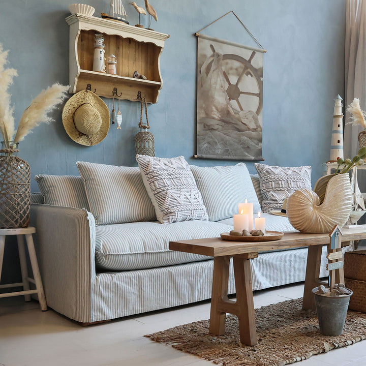 Malo Sofa aus Leinen mit 5 Kissen in Sky Blue und Creme