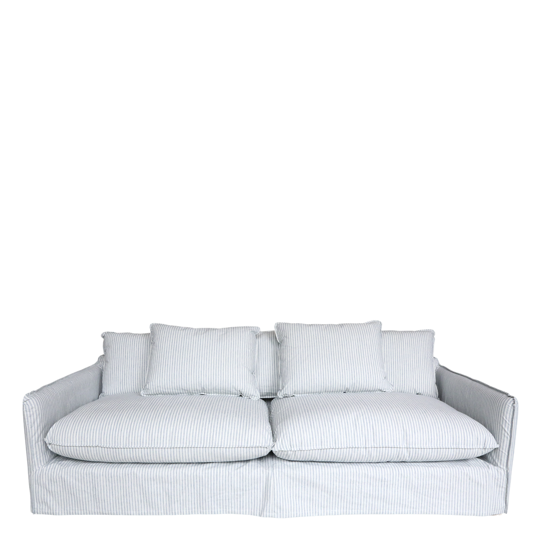 Malo Sofa aus Leinen mit 5 Kissen in Sky Blue und Creme