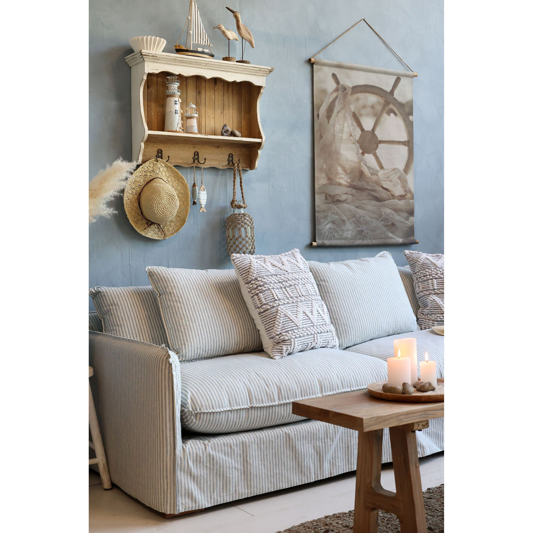 Malo Sofa aus Leinen mit 5 Kissen in Sky Blue und Creme