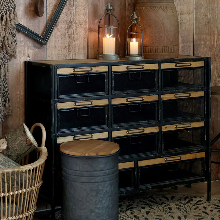 Factory Kommode aus Eisen und Tannenholz in Antique Schwarz