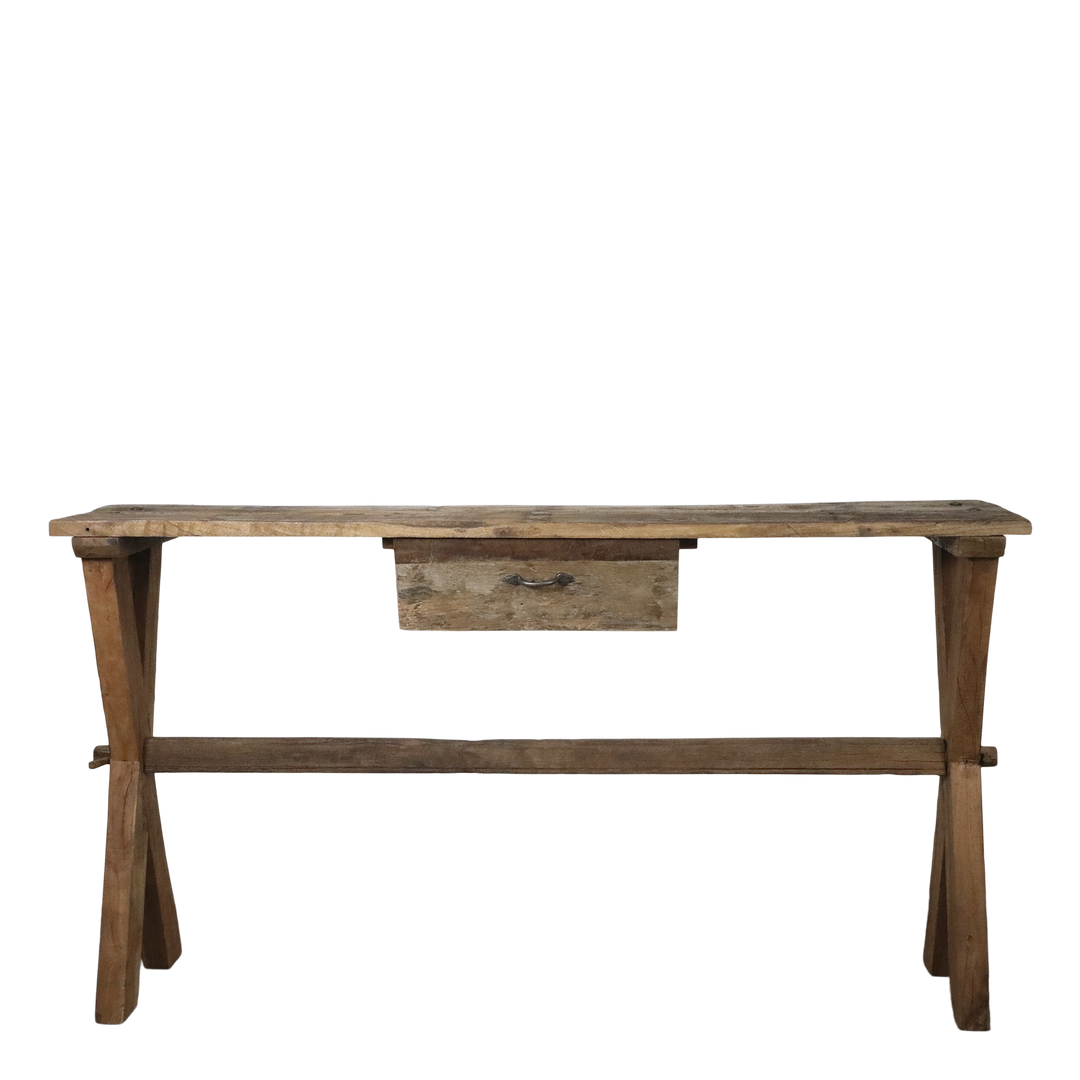 Skandinavischer Tisch mit Schublade aus Recyclingholz – Luxurelle Nordic Patina