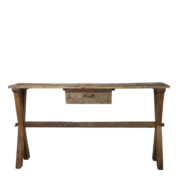 Skandinavischer Tisch mit Schublade aus Recyclingholz – Luxurelle Nordic Patina