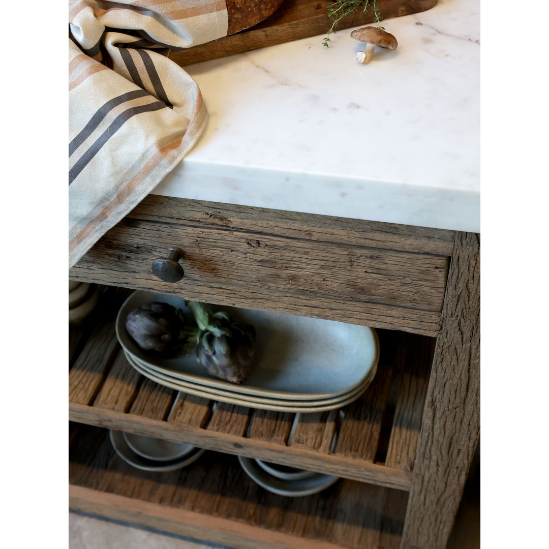 Skandinavischer Anrichtetisch mit Marmorplatte aus Recyclingholz – Luxurelle Nordic Patina