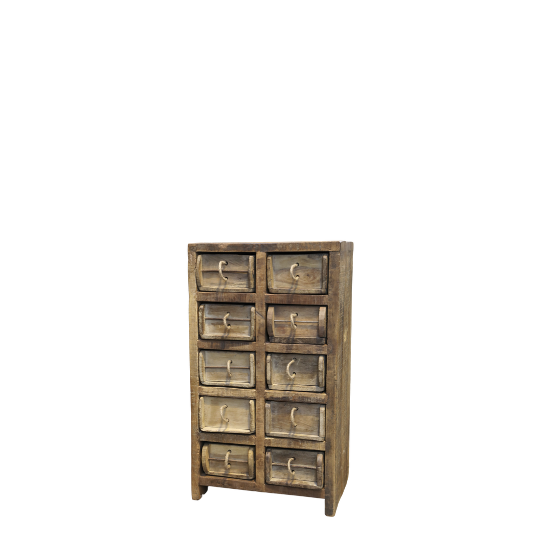 Skandinavische Kommode mit 10 Backsteinformen aus Recyclingholz – Luxurelle Nordic Patina