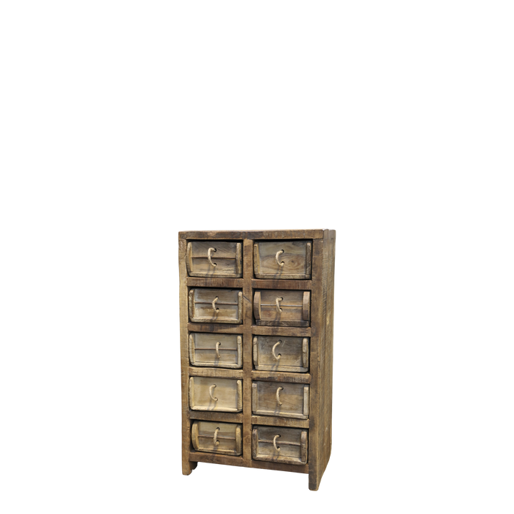 Skandinavische Kommode mit 10 Backsteinformen aus Recyclingholz – Luxurelle Nordic Patina
