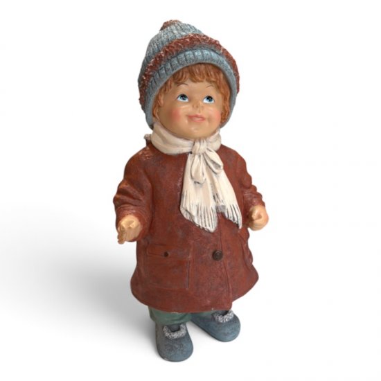 Winterkind mit Mütze, dekorative Winterfigur aus Kunstharz, 28 cm