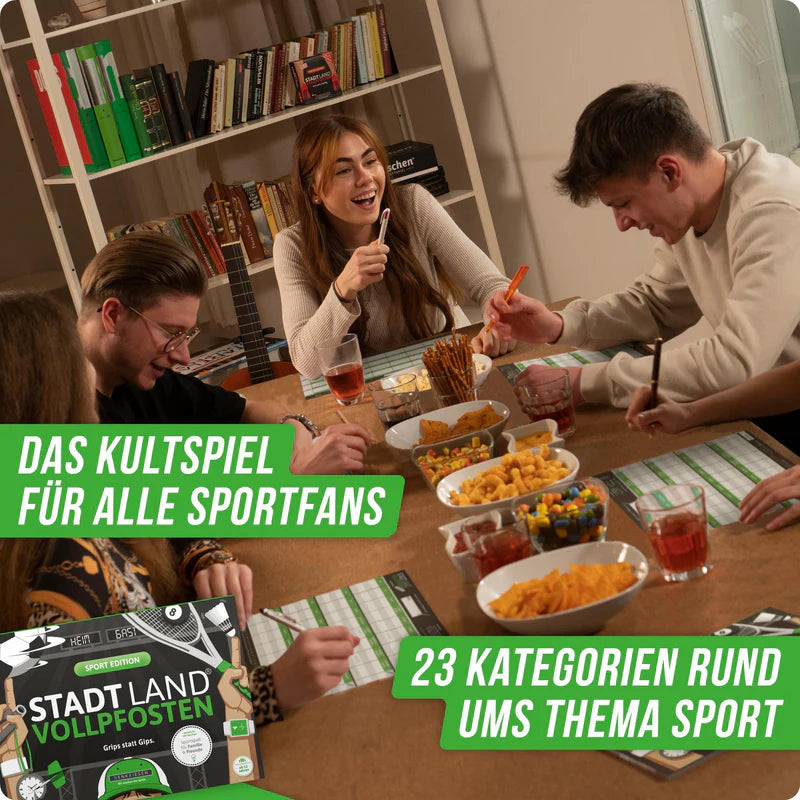 Stadt Land Vollpfosten® Spielblock | Sport Edition "Grips statt Gips."