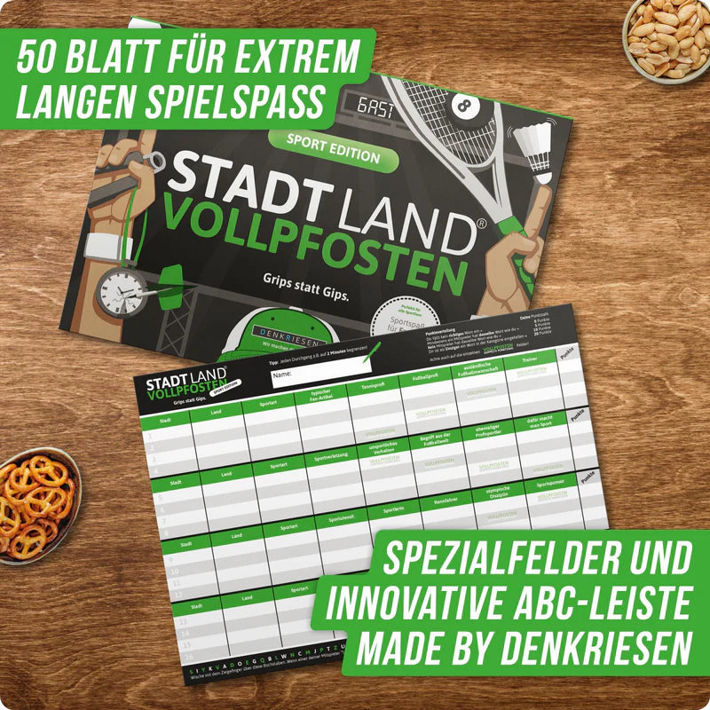Stadt Land Vollpfosten® Spielblock | Sport Edition "Grips statt Gips."