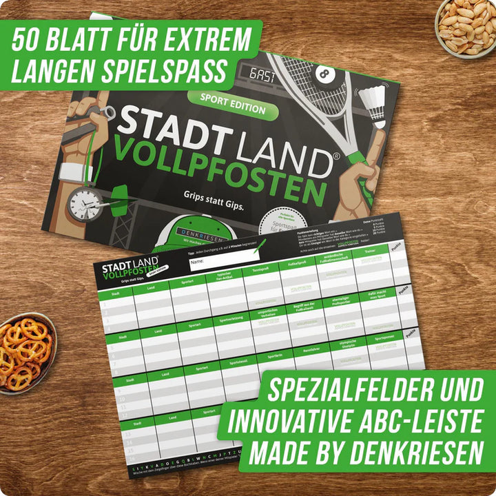 Stadt Land Vollpfosten® Spielblock | Sport Edition "Grips statt Gips."
