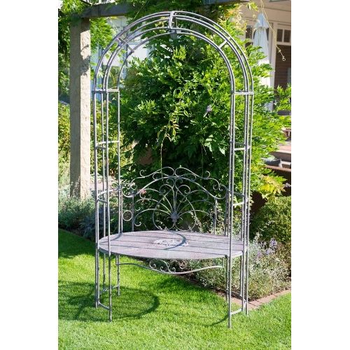 Sitzbank mit Rosenbogen 202 cm – romantische Metallbank aus Eisen in Grau