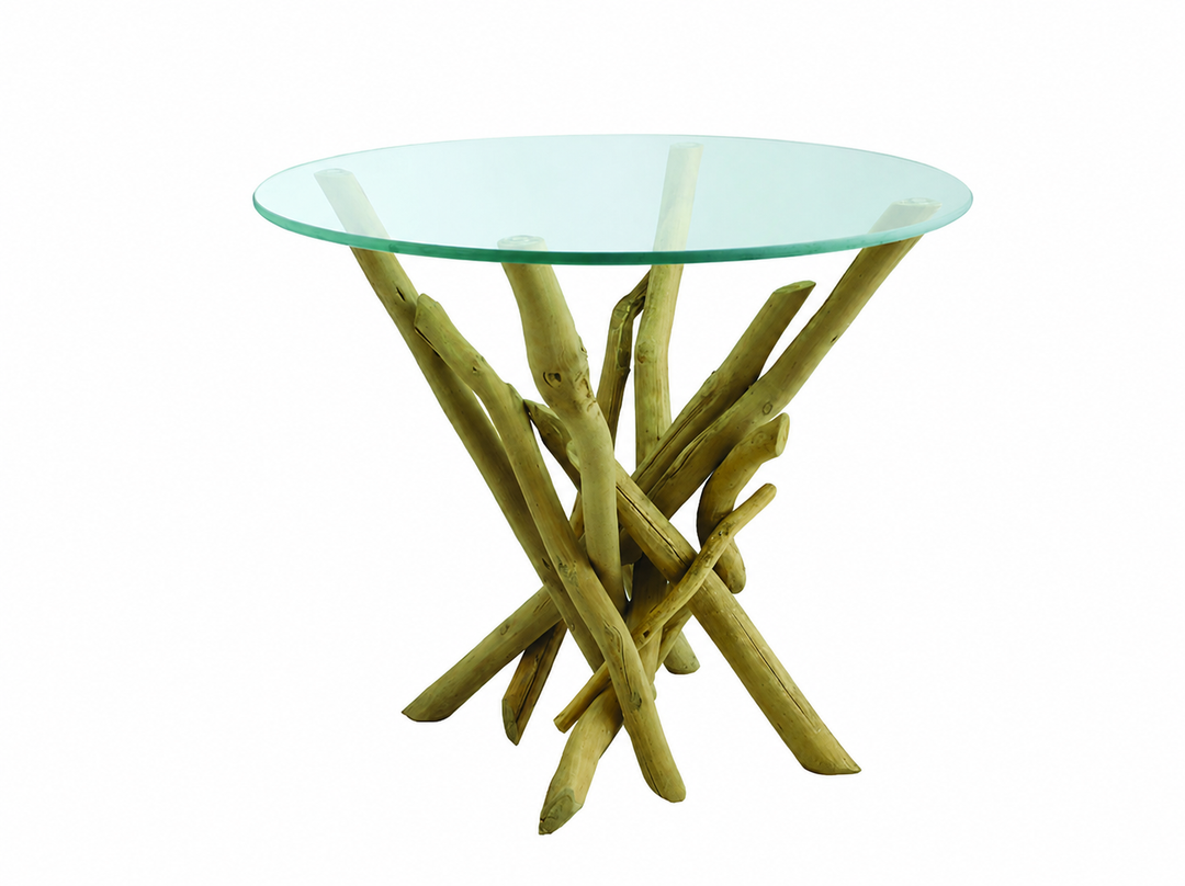 Beistelltisch aus Treibholz mit Glasplatte – handgefertigter Couchtisch aus Naturholz, 60 cm
