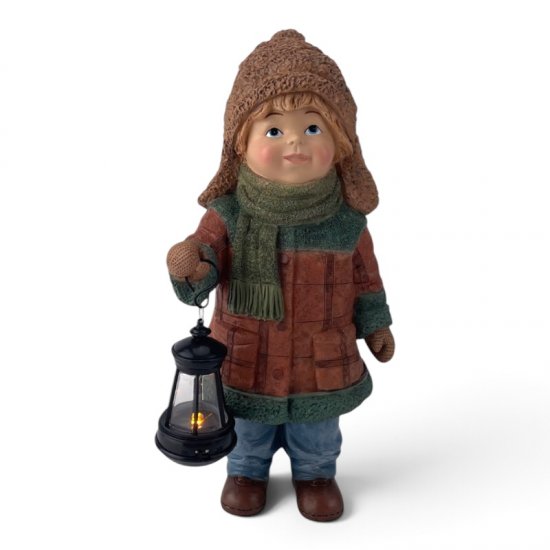 Junge mit Laterne, dekorative Winterfigur aus Kunstharz, 28 cm