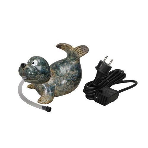 Wasserspeier Seehund – dekorativer Gartenbrunnen aus Steinzeug in Blau Braun inkl. Pumpe