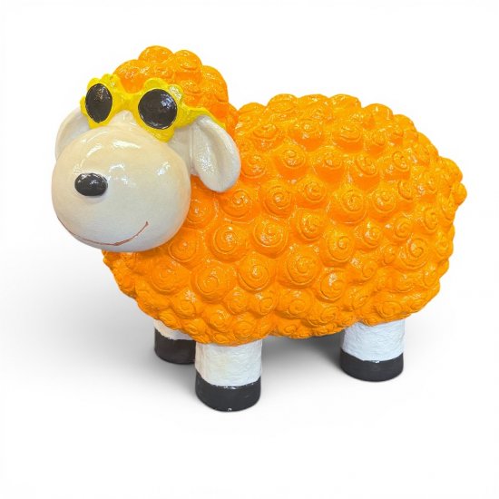 Deko Schaf mit Blumenbrille XL Orange aus Kunstharz – originelle Tierfigur für Haus und Garten