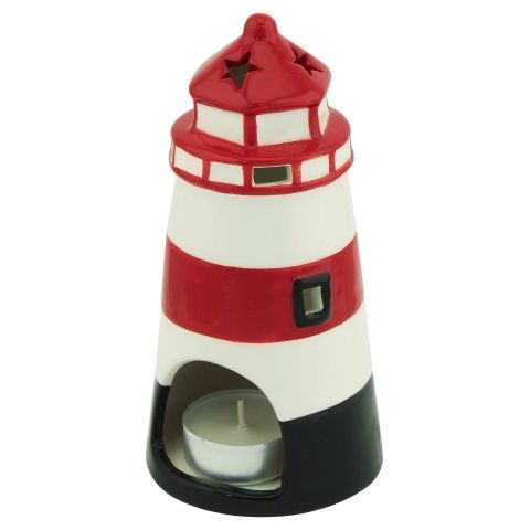 Leuchtturm Teelichthalter – maritime Keramik Deko in Rot Weiß