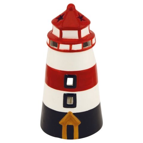 Leuchtturm Teelichthalter – maritime Keramik Deko in Rot Weiß