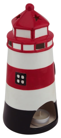 Leuchtturm Teelichthalter – maritime Keramik Deko in Rot Weiß 23,5 cm