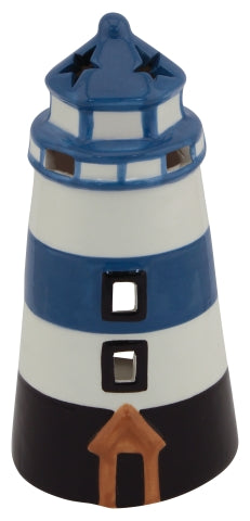 Leuchtturm Teelichthalter – maritime Keramik Deko in Blau Weiß