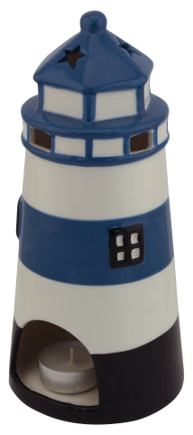 Leuchtturm Teelichthalter – maritime Keramik Deko in Blau Weiß 23,5 cm
