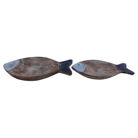Schalen Fisch Set grau blau – dekorative Holzschalen im maritimen Design