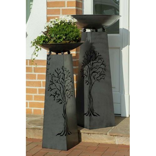 Säule Baum mit Schale 2er Set – dekorative Metallsäulen aus Eisen in Dunkelgrau